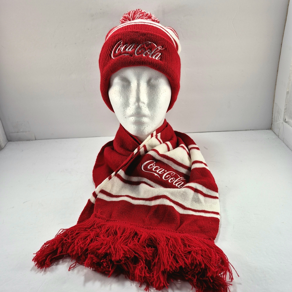 NWOT Vintage Coca-Cola Red & White Knit Scarf and Beanie Set, Collectible Soda M